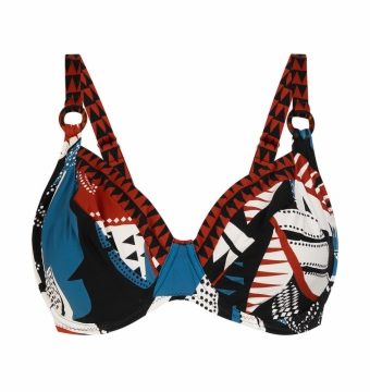 Top de bikini con aros y estampado étnico azul para Copa D - Vista frontal completa - Ana Faura