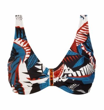 Top de bikini Copa E estampado hojas negras y azules con tirantes multiposición - Vista frontal completa - Ana Faura