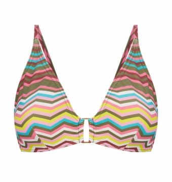 Top de bikini con aros y escote V zigzag multicolor - Vista frontal completa - Ana Faura