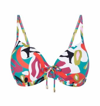 Top de bikini con aros y estampado abstracto multicolor - Vista frontal completa - Ana Faura