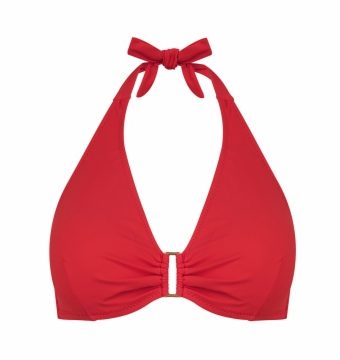 Top de bikini halter con aros Copa C en rojo vibrante - Vista frontal completa - Ana Faura