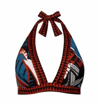 Top de bikini halter estampado tribal azul, con copas extraíbles y multiposición - Vista frontal completa - Ana Faura