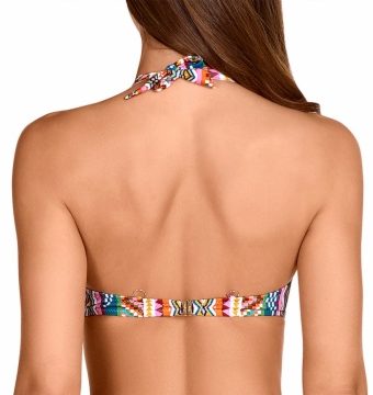 Top de bikini halter con aros estampado geométrico multicolor - Detalle del diseño - Ana Faura