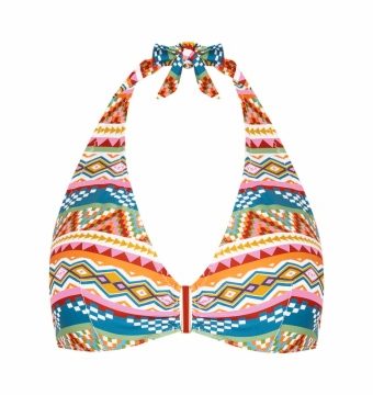 Top de bikini halter con aros estampado geométrico multicolor - Vista frontal completa - Ana Faura