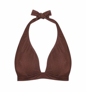 Top de Bikini Halter Brillo Lúrex Marrón Chocolate - Vista frontal completa - Ana Faura