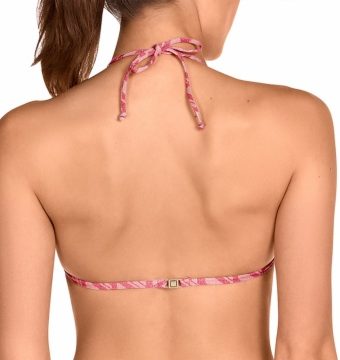 Top de bikini halter con aros y estampado tribal-botánico en coral - Detalle del diseño - Ana Faura