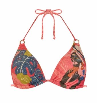 Top de bikini halter con aros y estampado tribal-botánico en coral - Vista frontal completa - Ana Faura