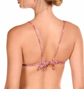 Top de Bikini Triángulo Festoneado con Palmeras Brillo Lúrex Rosa Bronce Copa B - Detalle del diseño - Ana Faura