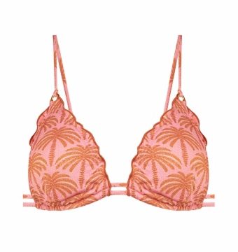 Top de Bikini Triángulo Festoneado con Palmeras Brillo Lúrex Rosa Bronce Copa B - Vista frontal completa - Ana Faura