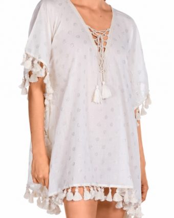 Túnica tipo Poncho con Detalle de Flecos y Cuello en Pico - Vista frontal completa - Ana Faura