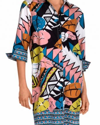 Vestido camisero de playa estampado tropical multicolor - Vista frontal completa - Ana Faura