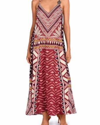 Vestido Largo Étnico con Bolsillos Burdeos - Vista frontal completa - Ana Faura