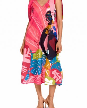 Vestido largo holgado con estampado tribal fucsia y tirantes anudables - Vista frontal completa - Ana Faura