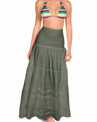 Vestido largo multiposición de playa algodón troquelado verde oliva - Detalle del diseño - Ana Faura