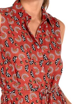 Vestido Caftán largo de Modal Terracota, estampado de abanicos geométricos - Detalle del diseño - Ana Faura