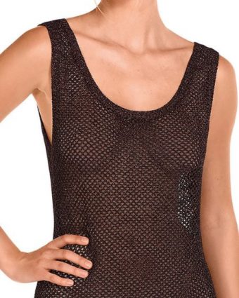 Vestido de playa largo de red con flecos, color bronce metalizado - Detalle del diseño - Ana Faura
