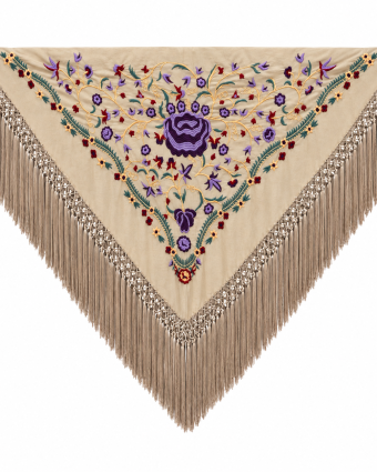 Mantón Herencia de Cantillana Beige de Algodón con Bordado Floral — Ana Faura