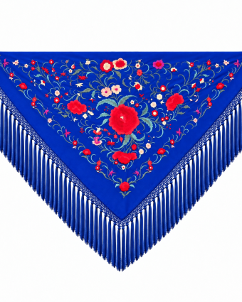 Mantón Triana Azul Klein con Bordado Rojo y Flecos de Borlón de Seda