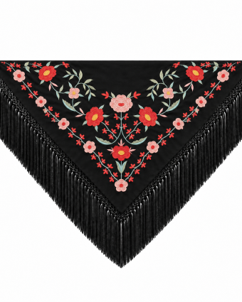 Mantón Edición Premium Sevilla Negro Azabache y Coral 75 x 75